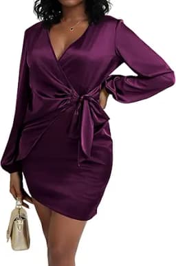 Satin Wrap V-Neck Tie Waist Mini Dress (Purple)