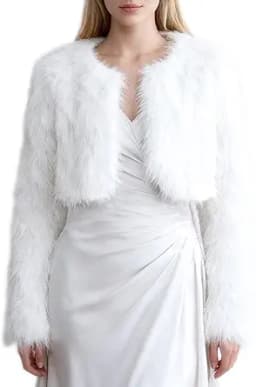 Faux Fur Cropped Open Front Coat (White)