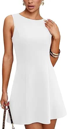A-Line Sleeveless Boatneck Mini Dress (White)