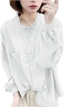 Cotton Linen Button Down Crewneck Blouse (Beige)