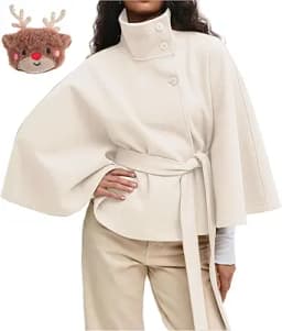 Batwing Sleeve Wool Belted Cape Coat (Ivory)