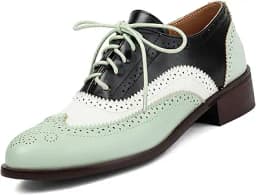 Patent Leather Perforated Lace-Up Oxfords (Green/White)