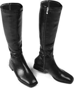 Knee High Square Toe Flat Heel Boots (Black)