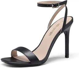 Square Toe Ankle Strap Stiletto Heels (Black)