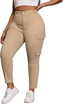 High Waist Stretch Khaki Cargo Pants