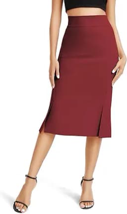 Stretch High Waist Fishtail Pencil Skirt (Burgundy)
