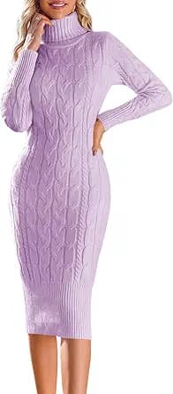 Fangetey Womens Long Sleeve Turtleneck Sweater Dresses Knitted Bodycon Midi Sheath Jumper Dresses