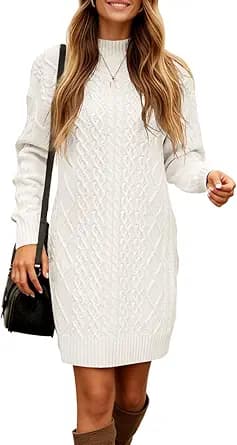 Cable Knit Turtleneck Sweater Dress (Cream)