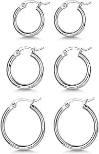 3 Pairs 925 Sterling Silver Hoop Earrings | Small White Gold Plated Hoop Earrings for Women (13mm,15mm,20mmοΌ25mm,30mm,40mm,50mm,60mm)