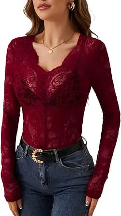 Women\'s Sexy Floral Lace Sheer Tops Long Sleeve V Neck Blouse Slim Fit Y2K Going Out Tops