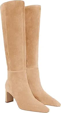 Knee High Pointed Toe Chunky Heel Boots (Brown)
