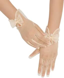 Pearl Embellished Tulle Short Gloves