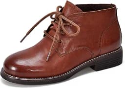 Genuine Leather Round Toe Chunky Heel Ankle Boots (Brown)