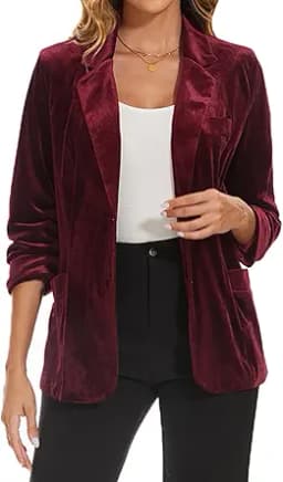 Long Sleeve Fully Lined Velvet Blazer (Burgundy)