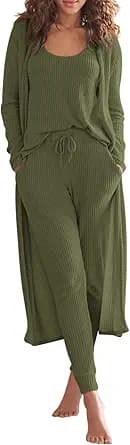 Eurivicy Womens Lounge Set Waffle Knit 3 Piece Pajama Sets Tank Tops Loose Pants with Long Cardigan Loungewear 2025