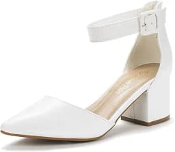 Pointed Toe Low Chunky Heel Pumps (White)