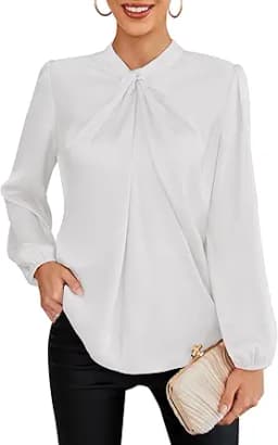 Long Sleeve Mock Neck Satin Blouse (Beige)