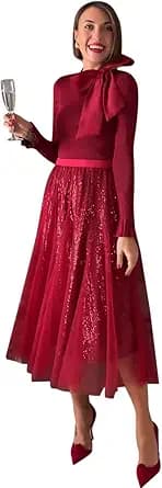 CHICWISH Sequins Tulle Skirts Elastic Waist Mesh Midi Holiday Flowy Layered Red Skirt