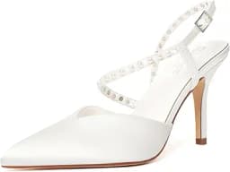 Pearl Embellished Ankle Strap Stiletto Pumps (White)