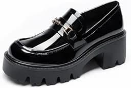 Platform Chunky Heel Slip-On Loafers (Black)