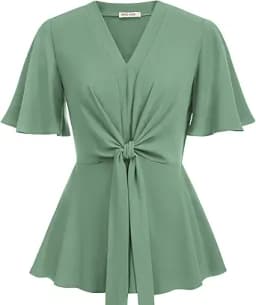 V Neck Tie Front Peplum Blouse