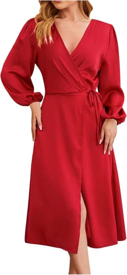 Satin Long Sleeve V Neck Solid Cocktail Midi Dress
