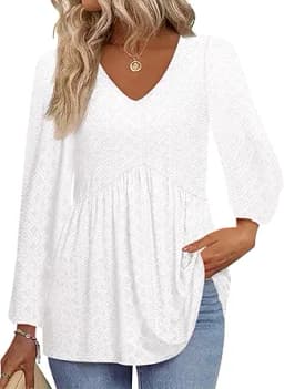 Long Sleeve V-Neck Loose Fit Tunic Top (Cream)