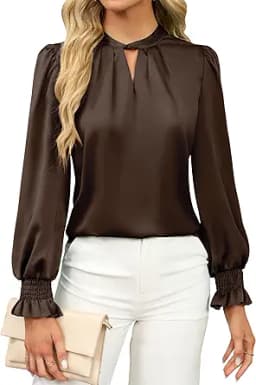 Satin Silk Keyhole Long Sleeve Blouse (Brown)