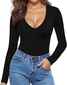 MANGOPOP Deep V Neck Long Sleeve Shirts for Women Sexy Slim Fitted T Shirt Tops