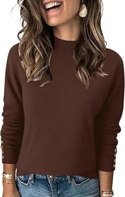 Qirno Womens Mock Neck Long Sleeve Knit Sweaters Turtleneck Casual Lightweight Button Cuffs Fall Pullover Sweater