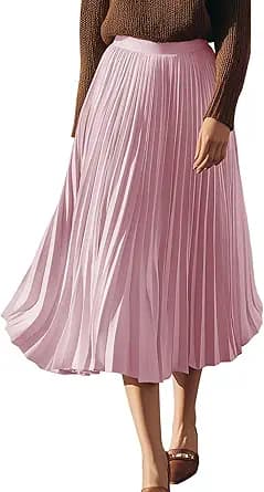 High Elastic Waist Pleated Midi Skirt (Pale Pink)