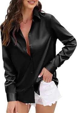 Soft Satin Silk Button Down Blouse (Black)