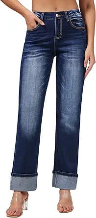 High Waisted Cuffed Straight Leg Jeans (Blue)
