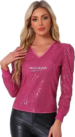 Allegra K Sparkly Sequin Top for Women\'s V Neck Party Metallic Blouse
