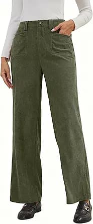 Stretch Corduroy Wide Leg High Waisted Pants (Olive Green)