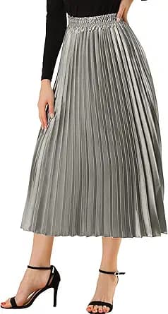 Pleated Metallic Midi Skirt (Silver)