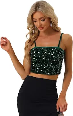 Allegra K Sequined Cami Top for Women\'s Velvet Spaghetti Strap Club Party Crop Tank Tops