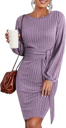 Long Lantern Sleeve Rib Knit Sweater Dress (Lavender)