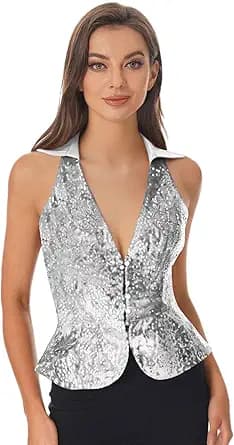 Women\'s Sequin Suit Vest Top Lapel Dressy Casual Sleeveless Button Wasitcoat Formal Blazer For Work Office
