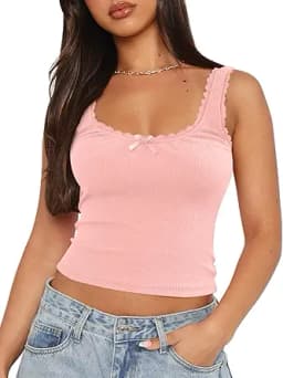 Women\'s Tank Tops Cute Slim Fitted Ribbed Knit Bow Lace Camisole Top Sexy Summer Square Neck Sleeveless Going Out Tops