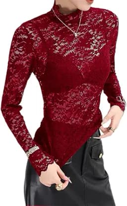 Floral Lace Long Sleeve See-Through Blouse (Red)