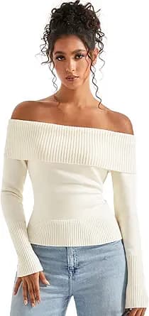 Off Shoulder Ribbed Knit Sweater (White)