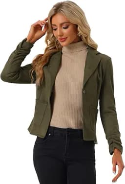 Allegra K Women\'s Faux Suede Blazer Lapel Collar Ruched Sleeve One Button Work Office Jacket Blazers