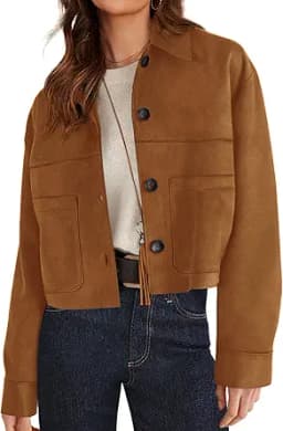 Faux Suede Cropped Double-Pocket Jacket (Brown)