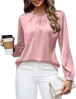 Pleated Long Sleeve Satin Silk Blouse (Metallic)