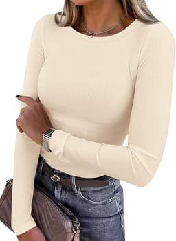 Long Sleeve Shirts Ribbed Knit Fitted Basic Tee