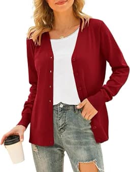 V-Neck Button Down Knit Cardigan Sweater (Red)
