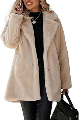 Faux Fur Button Down Lapel Long Coat (Beige)