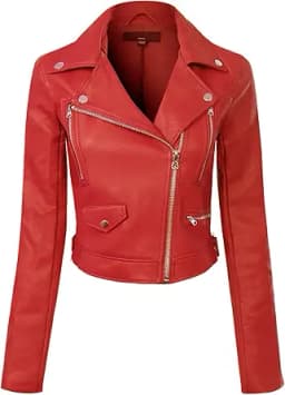 Zipper Closure Moto Biker Faux Leather Jacket (Red)