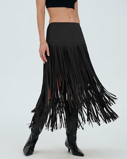 Womens Faux Suede Fringe Trim Midi Skirt